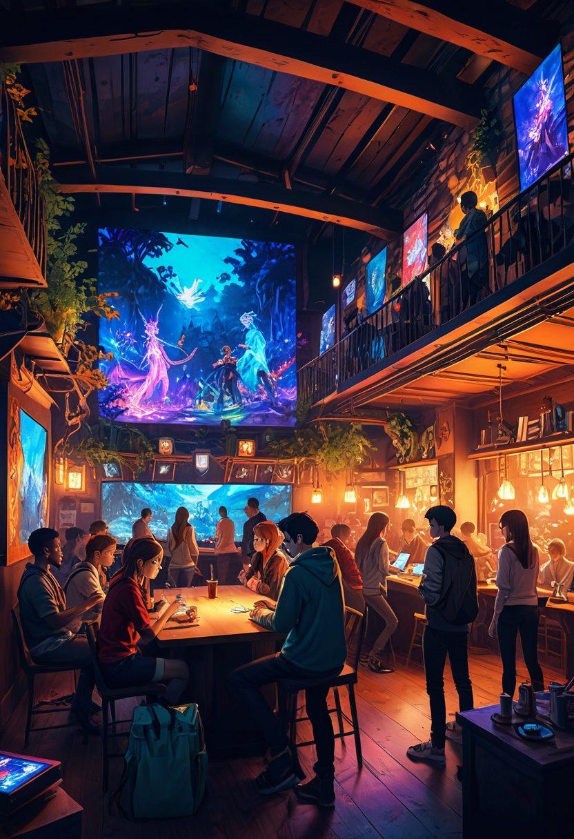 A vibrant and colorful depiction of a lively community gathering, featuring diverse individuals engaging in art creation, storytelling, and gaming, set in a fantasy-inspired environment filled with anime-style illustrations and characters. The scene should radiate excitement and creativity, showcasing users sharing their art and stories, alongside gaming setups with screens displaying captivating adult-themed visuals. Emphasize inclusivity and artistic expression. neon colors. digital art. dynamic composition.